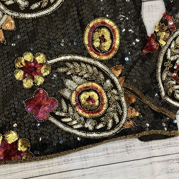 Laurence Kazar Vintage 80s Sequin Beaded Silk Jacket Black Women’s Medium - Picture 11 of 16